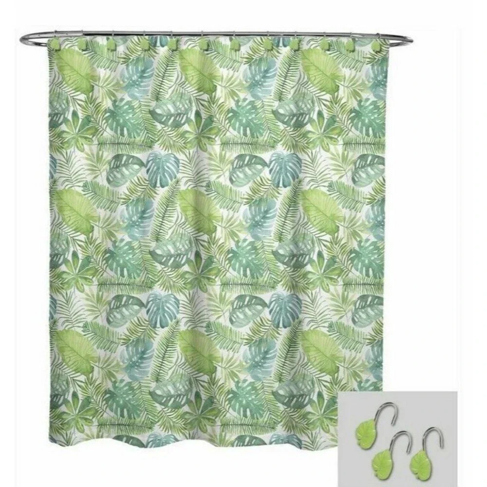 Avanti Palm Leaf Tropical Fabric Shower Curtain & Hook Set Summer Beach House